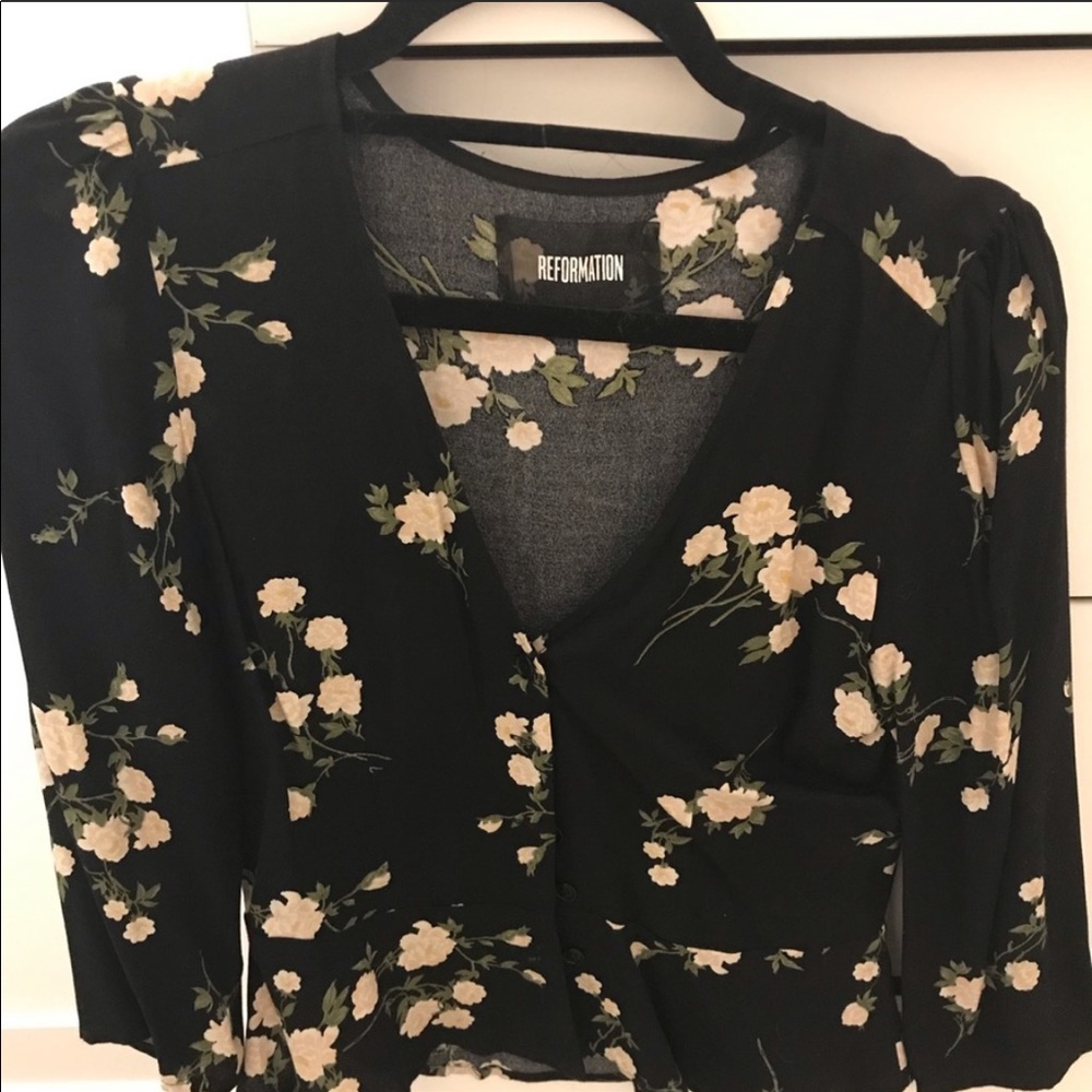 Reformation black floral peplum top